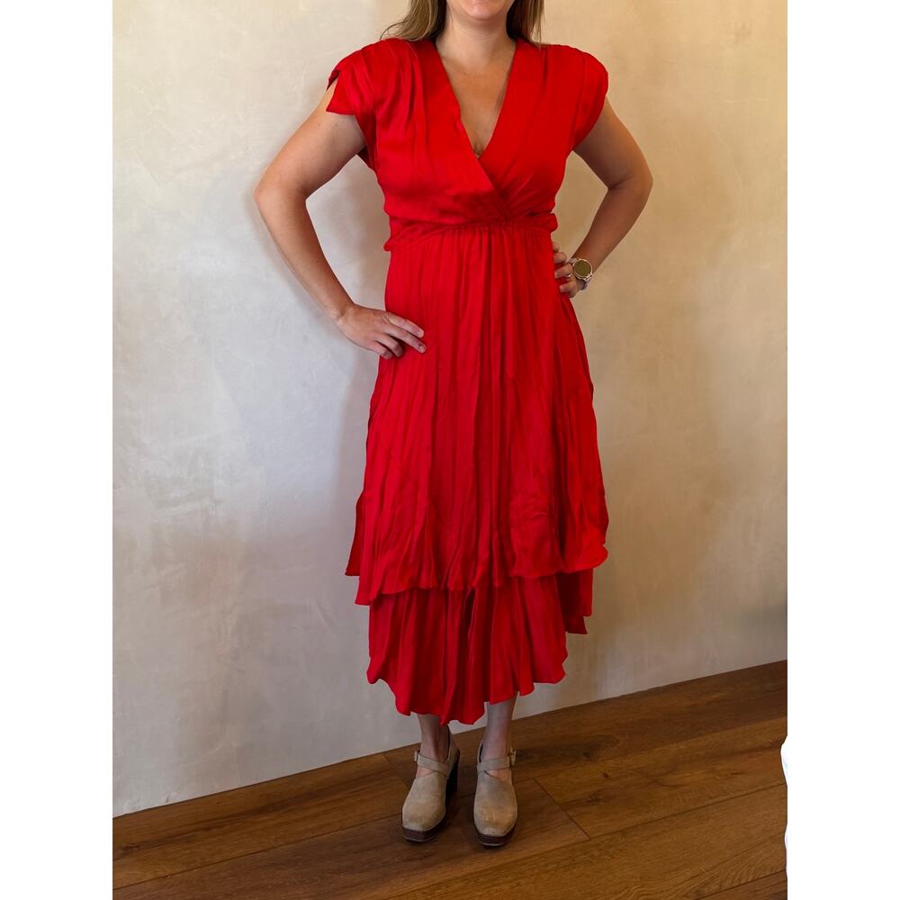 Vtg 80s On The Rocks Sleeveless Red V Neck Ruffle Maxi Dress Ballroom Medium